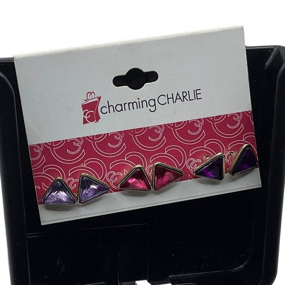 Charming Charlie Womens Triangle Gemstone Stud Earrings Pink Purple Gold Tone